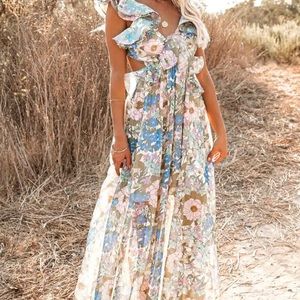 ZABELLE FLORAL RUFFLE CUTOUT MAXI DRESS